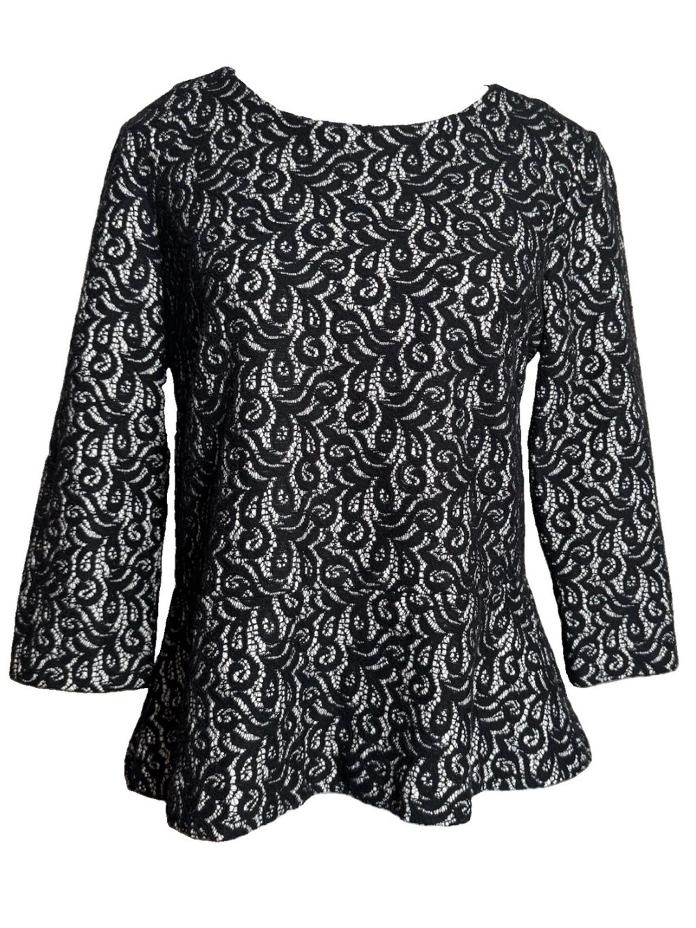 J Crew Black Lace Peplum Top Blouse *Small 3/4 Sleeve Paisley Zipper Back Office